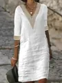 Close-up showing the delicate lace detailing on a white V-neck cotton linen casual dress - S / Tops / White