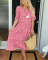 Casual pink and white printed tiered midi dress with short sleeves and round neck - S / Top And Bottom / Red