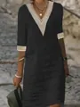 Detail of black V-neck cotton linen dress featuring elegant white lace trim accents - S / Tops / Black