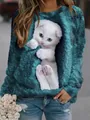 Sweatshirt col rond bleu sarcelle avec imprimé chaton blanc 3D réaliste - S / Hauts / Manches longues / Bleu sarcelle