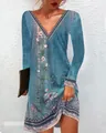 Elegante abito casual da donna con stampa floreale etnica, maniche lunghe e scollo a V - Taglia S / Top / Maniche lunghe / Blu