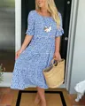 Blue and white polka dot summer midi dress featuring a tiered skirt and ruffled sleeves - Blue