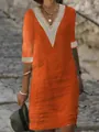 Elegant orange cotton linen V-neck dress with white lace trim and mid-length sleeves - S / Tops / Orange Red
