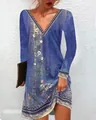 Elegante abito da donna con scollo a V e stampa etnica blu a maniche lunghe estive - Taglia S / Top / Maniche lunghe / Viola