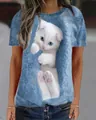 T-shirt bleu à manches courtes pour femmes avec motif de chaton blanc 3D réaliste - S / Hauts / T-shirts / Bleu