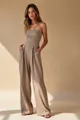 Elegant khaki strapless wide-leg jumpsuit for women featuring a sexy slim fit design - Khaki 2