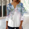 Elegant women's floral print V-neck pleated top with button detail and bell sleeves - White with Blue Flowers