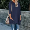 T-shirt décontracté bleu marine à manches longues et col rond avec poches pour femmes - Bleu Marine