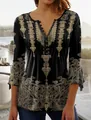 Women's black V-neck top with vintage gold floral print and pleated button detail - Black Vintage Print