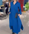 Vista detallada de un vestido largo azul casual de color sólido con cuello en V y manga - Azul