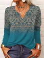 Elegant women's V-neck long sleeve T-shirt with vintage floral pattern in teal and tan - S / Tops / Pattern 2