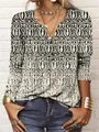 Women's loose long-sleeved V-neck T-shirt featuring a black and white tribal print pattern. - S / Tops / Pattern 4