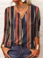 Stylish women's loose V-neck long sleeve T-shirt featuring a colorful vintage striped print - S / Tops / Pattern 3