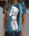 T-shirt bleu décontracté pour femme avec col rond et imprimé de chaton blanc en 3D - S / Hauts / T-shirts / Bleu sarcelle