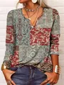 Vintage baroque patchwork print V-neck long sleeve T-shirt with bohemian style patterns. - S / Tops / Pattern 1