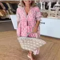 Robe maxi imprimée bohème rose à col en V avec manches lanternes - S / Haut Et Bas / Rose