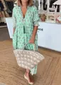 Robe longue bohème vert menthe à fleurs avec col en V et manches lanternes élégantes - S / Haut Et Bas / Vert émeraude