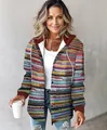 Women's casual colorful horizontal striped hooded jacket with button closure and drawstring. - S / Tops / Rainbow Stripe
