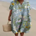 Robe longue d'été à imprimé fleuri, coupe ample, col en V et manches courtes confortables - Gris