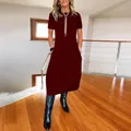 Elegant burgundy short sleeve midi dress with a loose fit and comfortable round neckline - S / Top And Bottom / Wine Red-Short Sleeve