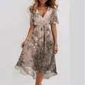 Elegant V-neck floral print midi dress with short sleeves and waist tie for casual wear. - S / Tops / Apricot