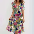 Elegant V-neck floral midi dress with colorful abstract flower print for women - S / Bottoms / Multi-color 1