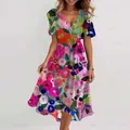 Vibrant multi-color floral print V-neck midi dress with short sleeves for summer - S / Bottoms / Multicolor Large Floral