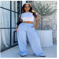 Casual women blue and white striped high-waisted wide-leg trousers for street style - XS / Bottoms / Light Blue