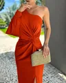 Detail view of an elegant orange one-shoulder pleated dress featuring a stylish waist twist. - Orange Red