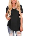 Detail of women's black V-neck short sleeve T-shirt with loose fit and soft knit fabric - S / Tops / Black