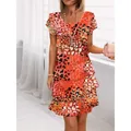 Floral print chiffon short sleeve tiered dress in vibrant orange and red for spring - 3XL / Red Leopard