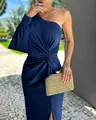 Elegant royal blue one-shoulder pleated slim-fit dress for summer evening parties - Dark Blue