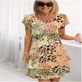 Short sleeve round neck chiffon tiered dress with vibrant leopard print pattern - 3XL / Apricot Leopard