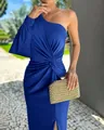 Elegant royal blue one-shoulder pleated cocktail dress with slimming waist and long sleeve - Sky Blue