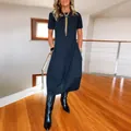 Sophisticated black short-sleeved loose midi dress featuring a classic round neckline - S / Short Sleeve Style (Top) / Navy Blue