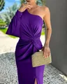 Detailed view of purple one-shoulder slim fit dress with pleated waist and lantern sleeve - Purple