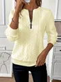 Elegant women's cream cable knit quarter-zip sweatshirt in a cozy relaxed casual style - Apricot