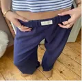Fashionable navy blue high-waisted wide-leg trousers for a casual and loose look - XS / Bottoms / Dark Blue