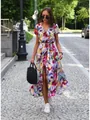 Robe maxi à imprimé fleuri, col en V, lien à la taille et fente latérale - Imprimé Fleuri Coloré