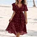 Elegant burgundy floral wrap dress with V-neck and short flutter sleeves for women - S / Top And Bottom / Wine Red