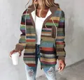 Casual women's colorful horizontal striped hooded cardigan jacket for autumn and winter wear - S / Tops / Brown Color Stripes (8)