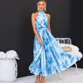 Elegante vestido largo halter con estampado de pintura al óleo azul para playa - 3XL / Bottoms / Estampado al Óleo Azul Cielo