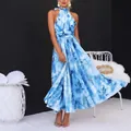 Elegant blue oil painting print halter maxi dress for French style beach vacations - 3XL / Bottoms / Sky Blue Oil Painting Print