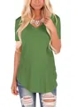 Casual olive green V-neck short sleeve T-shirt with curved hem for women - S / Tops / Green