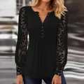 Elegant black V-neck t-shirt featuring intricate lace hollow-out sleeves and pleated front - S / Tops / Black