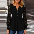 Elegant black V-neck t-shirt featuring intricate lace hollow-out sleeves and pleated front - S / Tops / Black