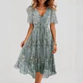 Elegant V-neck sage green floral print casual maxi dress for summer fashion women - S / Top And Bottom / Grey Green