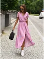 Élégante robe fleurie lavande à col en V, style cache-cœur avec fente latérale d'été - Floral Violet Orange