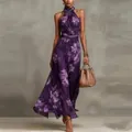 Elegant purple floral print halter maxi dress with ruched waist for a sexy evening look - XS / Top And Bottom / Purple