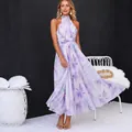 Elegante vestido maxi morado con cuello halter y estampado floral de estilo francés para vacaciones - 3XL / Bottoms / Estampado al Óleo Púrpura Claro